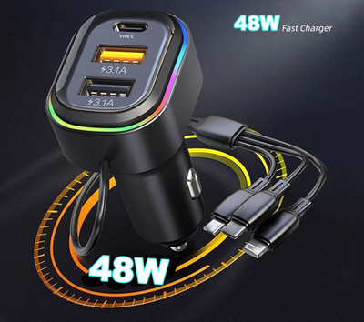 Huntindia 48 W Turbo Car Charger(Black, With USB Cable)