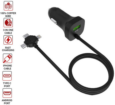 AYW 4.1 Amp Turbo Car Charger(Black, With USB Cable)