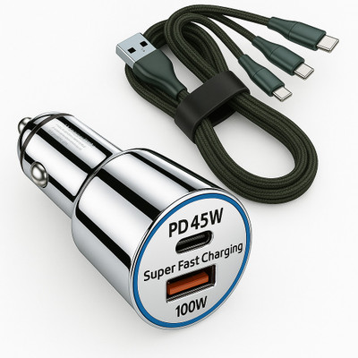 Primate 145 W Qualcomm Certified Turbo Car Charger(Silver, With USB Cable)