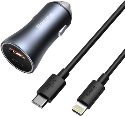 Baseus 12.5 W Qualcomm Certified Turbo Car Charger(Grey, With USB Cable)