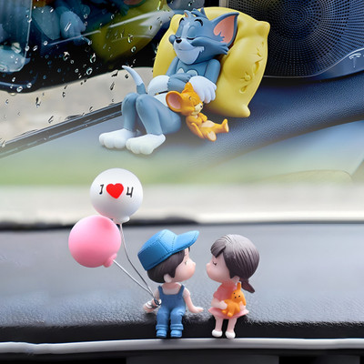 BRXR Car Dashboard Combo | Tom & Jerry and Cute Doll with Cute Couple Figurines Holding Balloons | Dashboard Doll, Car Showpiece | Home Office Table Decorative Car Dashboard Cover(Universal For Car Universal For Car)