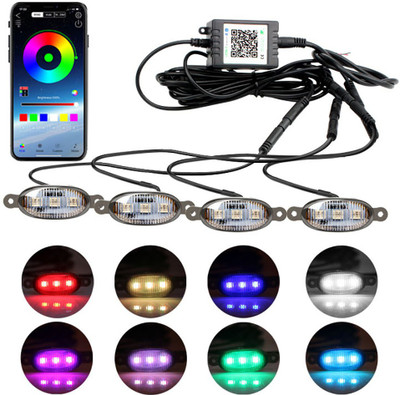 AutoPowerz 4pcs 12 Led RGB Car Grille Light APP Control Warning Light Universal Car Fancy Lights(Multicolor)