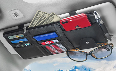 IMPRONOW Car Sun Visor Organizer Pu Leather Sunglass Pouch Holder With Multi-Pocket Black Car Multi Pocket(0.1 L)
