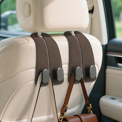 KeepCart Leather Car Purse Hanger Holder for Bags, Double Car Seat Headrest Hooks Car Side Seat Catcher(2 L)