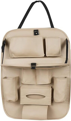 Trikuta PU Leather Back Seat Organizer with Tray | Beige | Multi-Pocket Car Storage Bag(10 L)