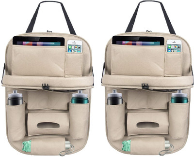 Alisan PU Leather Seat Back Organizer Multi Pocket with Tray (Beige) Pack of 2 Car Storage Bag & Bin(10 L)