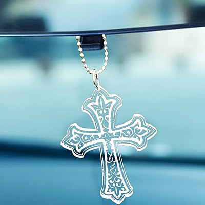 EliteAuto christian Clear Engraved Holy Cross Car RearView Mirror Hanging with Metal Chain Car Hanging Ornament(Pack of 1)