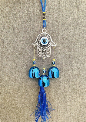 REVASHREE CRAFT WORLD Wall Hanging Evil Eye Wind Hamsha Hand with 3 Bells Blue for Home & Office Car Hanging Ornament(Pack of 1)