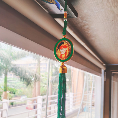 M Men Style Rotaional Double Side Oval Shirdi Sai Baba Saba Malik Ek Green Tassel SCr90 Car Hanging Ornament(Pack of 1)