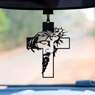 EliteAuto christian Jesus with Holy Cross Car Rear View Mirror Hanging with Metal Chain Car Hanging Ornament(Pack of 1)