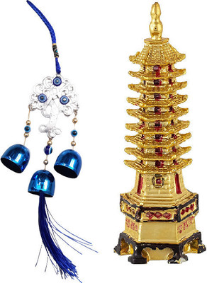 REVASHREE CRAFT WORLD Vastu Fengshui Combo Red Gold Education Tower with 3 Bell Tree Evil Eye Car Hanging Ornament(Pack of 1)