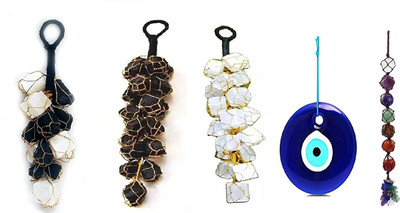 Fikup Black Tourmaline,Selenite ,Chunks ,Evil Eye,7 Chakra Hanging for Home & Car Car Hanging Ornament(Pack of 5)