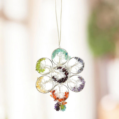 REIKI CRYSTAL PRODUCTS Natural Crystal Stone 7 Chakra Tree of Life Hanging Round with Crystal Chips Car Hanging Ornament(Pack of 1)