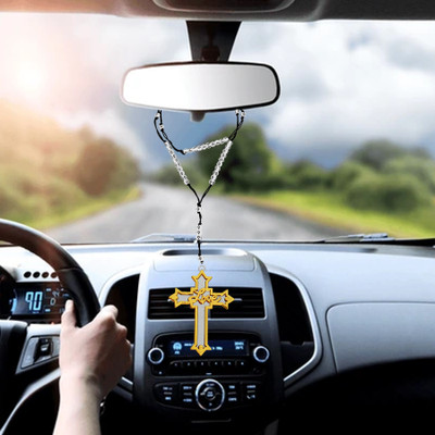 M Men Style 6mm Round Bead Jesus Cross Blessing Rosary Beads Car Rearview SCrMa2024201 Car Hanging Ornament(Pack of 1)