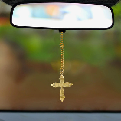 elita Car Rearview Mirror Cross Pendant, Gold-Plated Finish in Brass Car Hanging Ornament(Pack of 1)