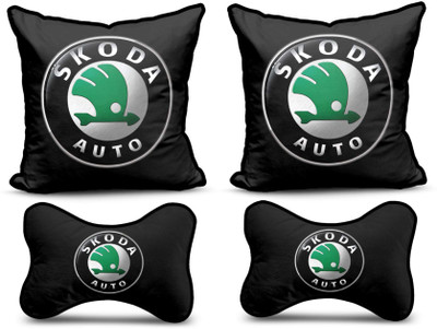 MeeFactory Black Polyester Car Pillow Cushion for Skoda(Square, Pack of 4)