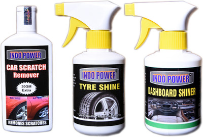 INDOPOWER DASHBOARD SHINER GUN 250mL.+TYRE SHINER GUN 250ml.+SCRATCH REMOVER 100gm. Car Washing Liquid(600 ml)