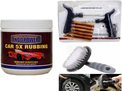 INDOPOWER CAR 5X RUBBING 500gm+ Tubelass smart Panchar Kit.+All Tyre Cleaning Brush Combo