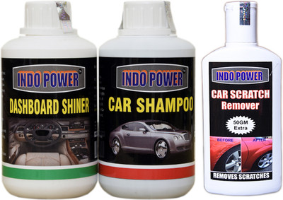 INDOPOWER CAR SHAMPOO 250ml+ DASHBOARD SHINER 250ml+ Scratch Remover 200gm. Combo
