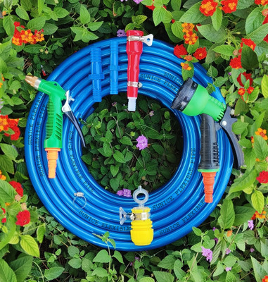 SUNICE 30 METER METALLIC BLUE HOSE PIPE (½’’ INCH 12 mm) WITH 7 PATTERN WATER SPRAY GUN AND 2 PATTERN WATER SPRAY GUN ,UNIVERSAL TAP ADAPTER ,TAP CONNECTOR ,PIPE JOINER,CLAMP RING Hose & Spray Gun