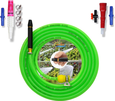 SUNICE 15 Meter Green Braided Hose Pipe (Diameter:12 mm,½’’,0.5Inch) with Accessories Spray Gun