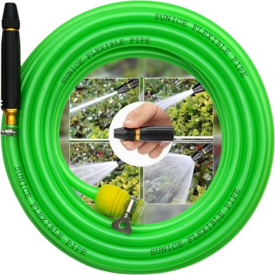 SUNICE 10 METER METALLIC GREEN FLEXIBLE HOSE PIPE WITH ACCESSORIES (Pipe Diameter Size 0.5 Inch, 12 mm) GARDENING, PET BATHING, CAR AND BIKE WASHING Spray Gun