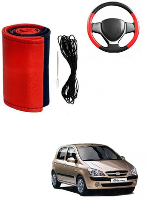 ARNEJA Hand Stiched Steering Cover For Hyundai Getz(Red, Black, Leather)
