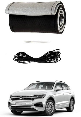 RKPSP Hand Stiched Steering Cover For Universal For Car Touareg(Silver/Black, Leatherite)