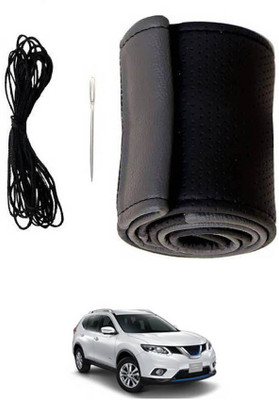 MATIES Hand Stiched Steering Cover For Nissan Universal For Car(Black/Grey, Leatherite)