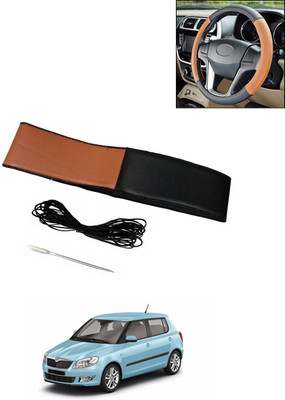 AYW Hand Stiched Steering Cover For Skoda Fabia(Tan/Black, Leatherite)