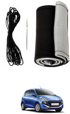 monolive Hand Stiched Steering Cover For Hyundai Santro(Silver/Black, Leatherite)