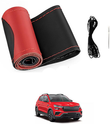 MATIES Hand Stiched Steering Cover For Skoda Universal For Car(Red/Black, Leatherite)