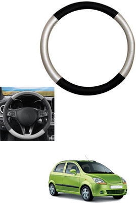 MATIES Steering Cover For Chevrolet Spark(Silver, Black, Leather)