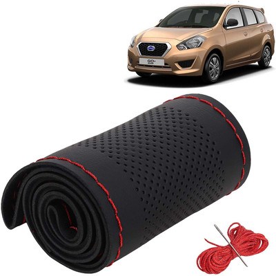 Kingsway Hand Stiched Steering Cover For Datsun Go+(Black Color with Red Thread, Leatherite)