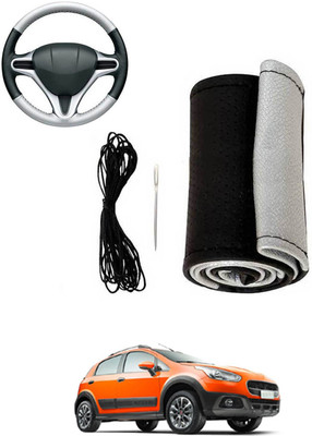 MATIES Hand Stiched Steering Cover For Fiat Avventura(Silver, Black, Leatherite)