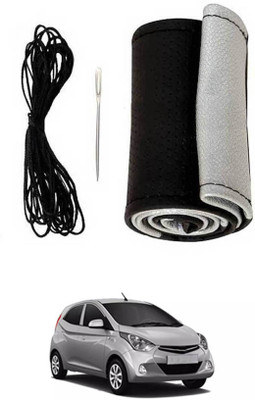 MATIES Hand Stiched Steering Cover For Hyundai Eon(Black-Silver, Leatherite)