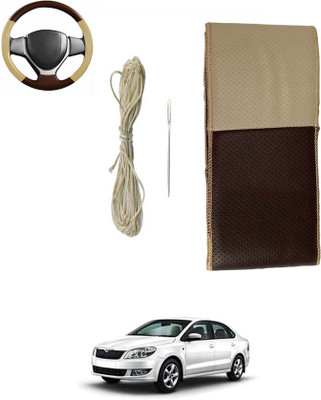 MATIES Hand Stiched Steering Cover For Skoda Rapid(Beige/Brown, Leatherite)