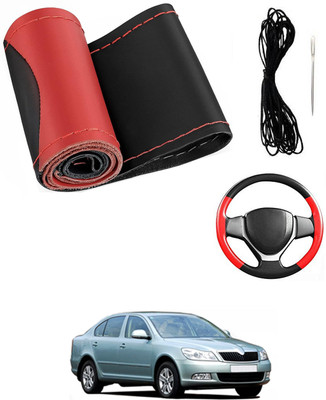 MATIES Hand Stiched Steering Cover For Skoda Laura(Red/Black, Leatherite)