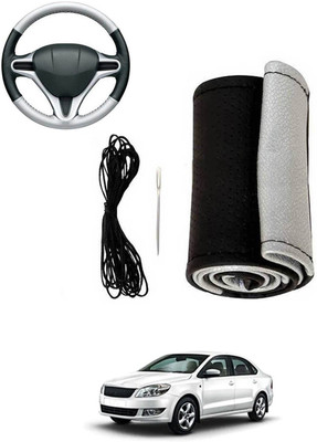 MATIES Hand Stiched Steering Cover For Skoda Rapid(Silver, Black, Leatherite)