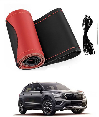 MATIES Hand Stiched Steering Cover For Skoda Universal For Car(Red/Black, Leatherite)