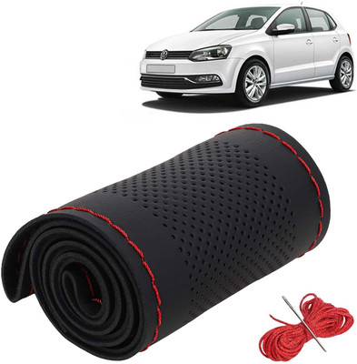 Kingsway Hand Stiched Steering Cover For Volkswagen Polo(Black Color with Red Thread, Leatherite)