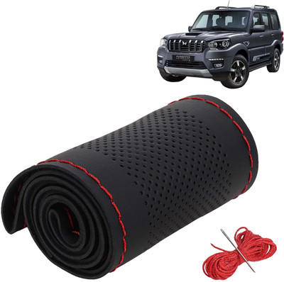 Kingsway Hand Stiched Steering Cover For Mahindra Classic(Black Color with Red Thread, Leatherite)