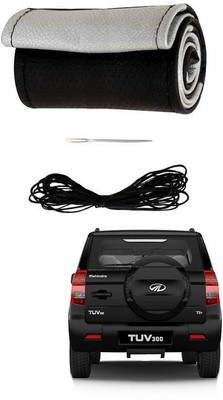 RKPSP Hand Stiched Steering Cover For Universal For Car TUV-300(Silver/Black, Leatherite)