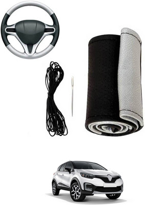 MATIES Hand Stiched Steering Cover For Renault Universal For Car(Silver, Black, Leatherite)