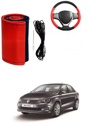 ARNEJA Hand Stiched Steering Cover For Volkswagen Vento(Red, Black, Leather)