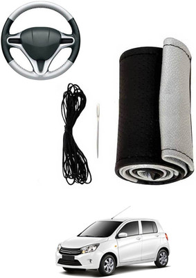MATIES Hand Stiched Steering Cover For Universal For Car Celerio(Silver, Black, Leatherite)