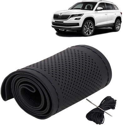 Kingsway Hand Stiched Steering Cover For Skoda Universal For Car(Black Color with Black Thread, Leatherite)