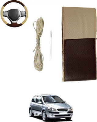 MATIES Hand Stiched Steering Cover For Hyundai Getz(Beige/Brown, Leatherite)