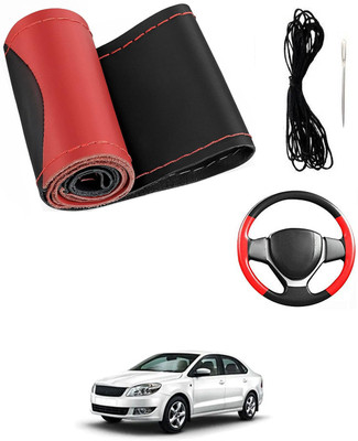 MATIES Hand Stiched Steering Cover For Skoda Rapid(Red/Black, Leatherite)