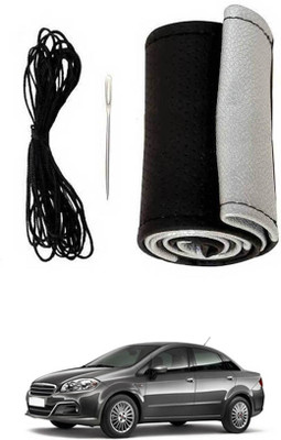 monolive Hand Stiched Steering Cover For Fiat Linea(Silver/Black, Leatherite)